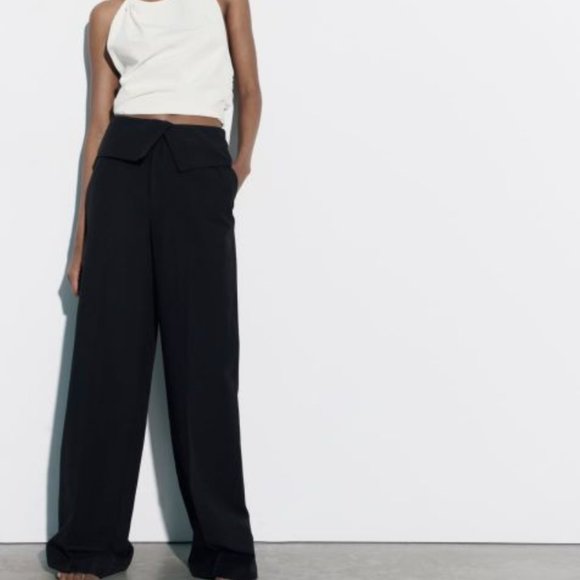 ZARA HIGH RISE FOLD DOWN WAISTBAND BLACK LONG LINEN BLEND PANT TROUSERS - Picture 3 of 8